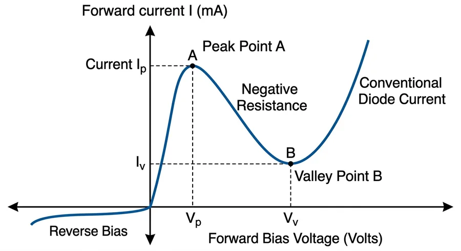 V-I characteristic of a tunnel diode: peak point A, negative resistance region, valley point B, then normal diode current