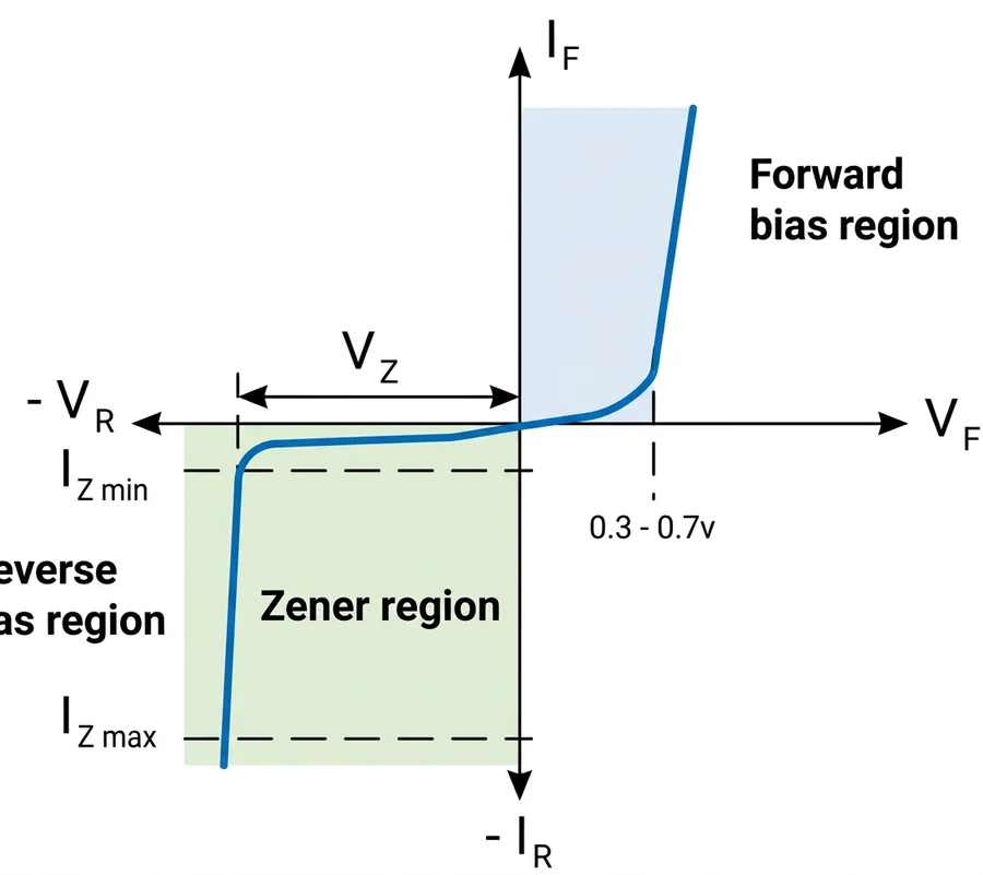 V-I characteristic of a Zener diode: forward region, and a sharp breakdown at −V_Z between I_Zmin and I_Zmax
