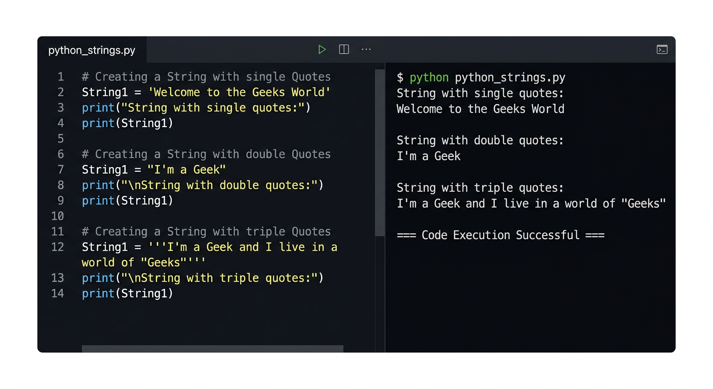 Python code and output showing the use of single, double, and triple quotes for strings